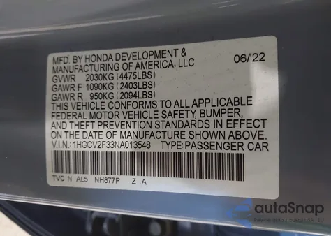 2022 Honda Accord Sport 2.0T z USA, uszkodzony, nr VIN 1HGCV2F33NA013548